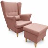 Kreslo ušiak VISBY + taburet s úložným priestorom - masív, látka, ružová