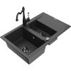 Mexen Gaspar, granitový drez 752x436x161 mm, 1,5-komorový a drezová batéria Carla, čierna škvrnitá, 6507-76-670700-70-B