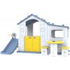 Joko Veľký Záhradný Domček so šmýkalkou + stôl so stoličkami + basketbalový kôš 5v1, biely s modrou strechou