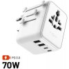 Adaptér FIXED Voyager 70 W pre EÚ, UK a USA/AUS, s 3xUSB-C a 2xUSB výstupom, GaN, PD 70 W cestovný, biely
