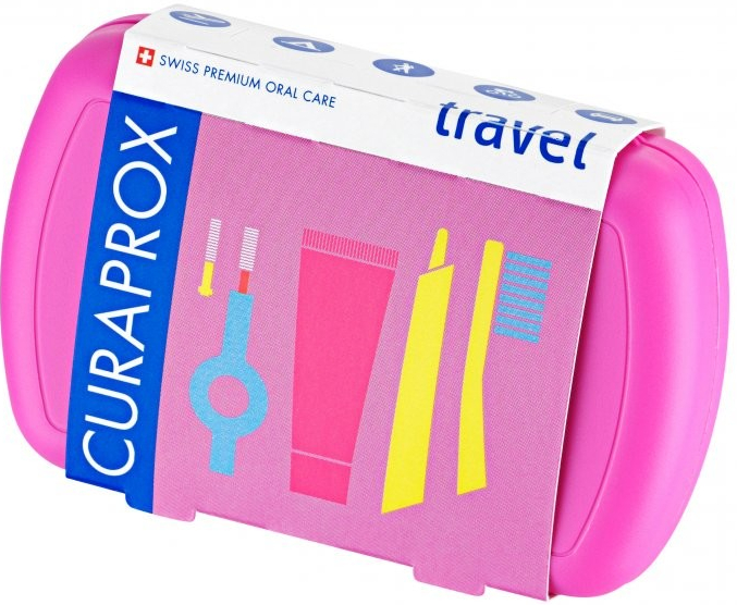 Curaprox Travel Set zubná kefka + CPS medzizubné kefky 2 ks + zubná pasta 10 ml darčeková sada, ružový