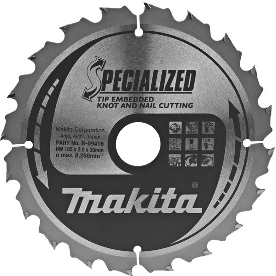 MAKITA Kotúč pílový D 185 x 30 mm na drevo, drevo s klincami (20 TCT zubov) 2.0 mm rez - B-09416