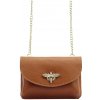 Mini hnedá kožená kabelka na retiazku s brošňou 31138
