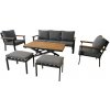 Garden Line SET ZÁHRADNÉHO NÁBYTKU Z HLINÍKA A TÍKOVÉHO DREVA (SOFA + 2 KRESLÁ + STÔL + 2 TABURETKY) ANTRACIT + ŠEDÉ VANKÚŠE *0428