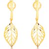 Šperky eshop - Náušnice v žltom 14K zlate - vyrezávaný list, visiaci na lesklom oblúku GG16.29