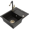 Mexen Enzo, 1-komorový granitový drez 576x465x174 mm a drezová batéria Flora, čierna-zlatá metalíza, 6506-75-670401-57-G