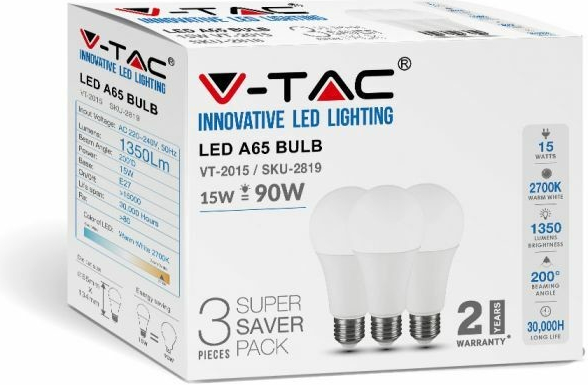 V-TAC žiarovka LED E27 15W, 4000K, 1350lm, 3- , A60 VT-2015