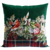 Markizeta Vianočná zamatová obliečka Vtáčik so zimnou vetvičkou – zelený motív s károvaným vzorom 40x40 cm