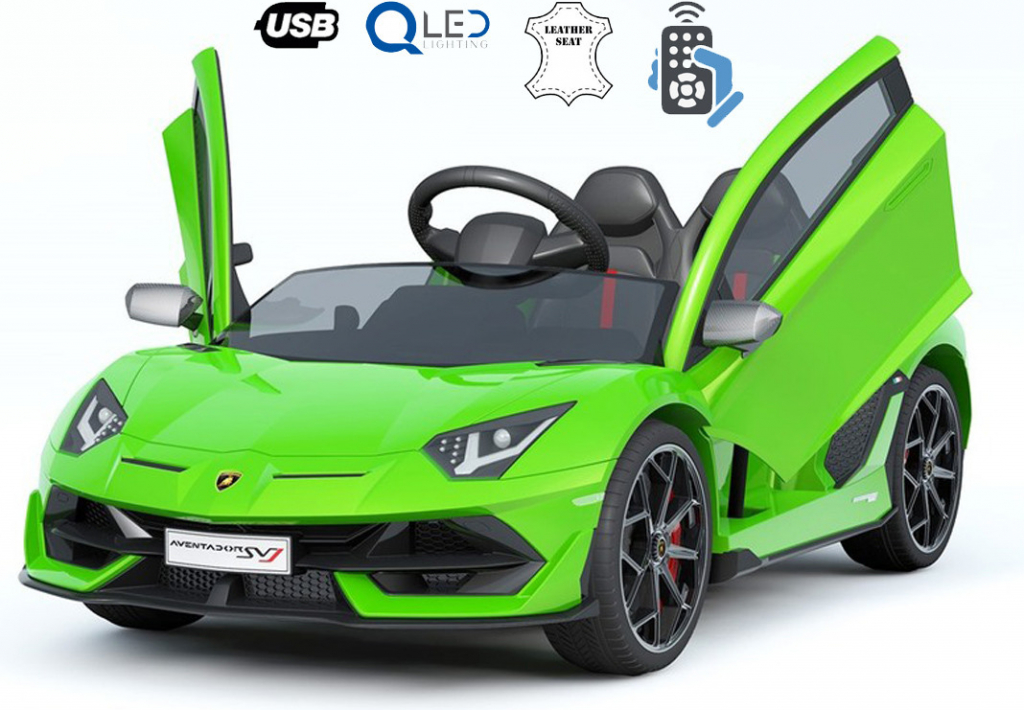 Beneo Elektrické autíčko Lamborghini Aventador 12V 24 GHz dialkové ovládanie USB / SD vstup odpruženie vertikálne otváravé dvere mäkké Eva kolesá 2 X motor original licencia zelená