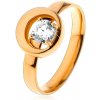 Šperky eshop - Prsteň z ocele 316L v zlatom odtieni, okrúhly číry zirkón v kruhu s výrezom S27.17 - Veľkosť: 49 mm