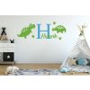 Lepy.sk Samolepka pre bábätká Dinosaury + meno pre chlapcov Kombinácia farieb: Ľadová modrá + lipová zelená, Velikost vzoru po nalepení: l100x38cm