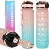 Fľaša na vodu bidón so slamkou s rukoväťou s motivačnou mierkou do posilňovne bez BPA Tritan 1 l ružová bledomodrá