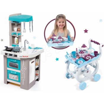 Smoby Set kuchynka Tefal Studio Bubble tyrkysova elektronicka s magickym bublanim+vozík so zmrzlinou a košíkom 311023-8