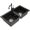 Mexen Mario, granitový drez 820x436x161 mm, 2-komorový a drezová batéria Carla, čierna-zlatá metalíza, 6504-75-670700-70