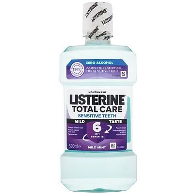 Listerine Total Care Sensitive Teeth Mild Taste Mouthwash 6 in 1 500 ml ústní voda bez alkoholu pro citlivé zuby