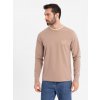 Ombre Men's cotton longsleeve with striped U neckline and embroidery - brown krémová XL Ombre 5902228999348