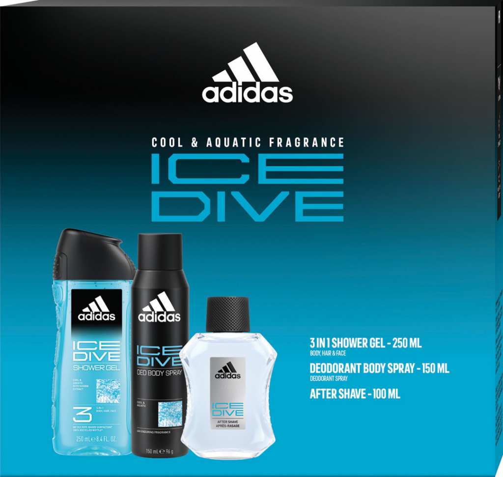 Adidas Ice Dive voda po holení 50 ml + sprchový gel 250 ml + deodorant sprej 150 ml darčeková sada