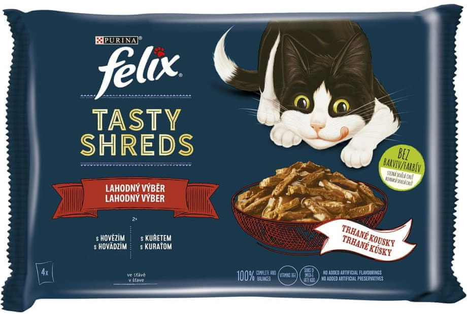 Felix Tasty Shreds lahodný výber s hovädzím a kuraťom v šťave 4 x 80 g