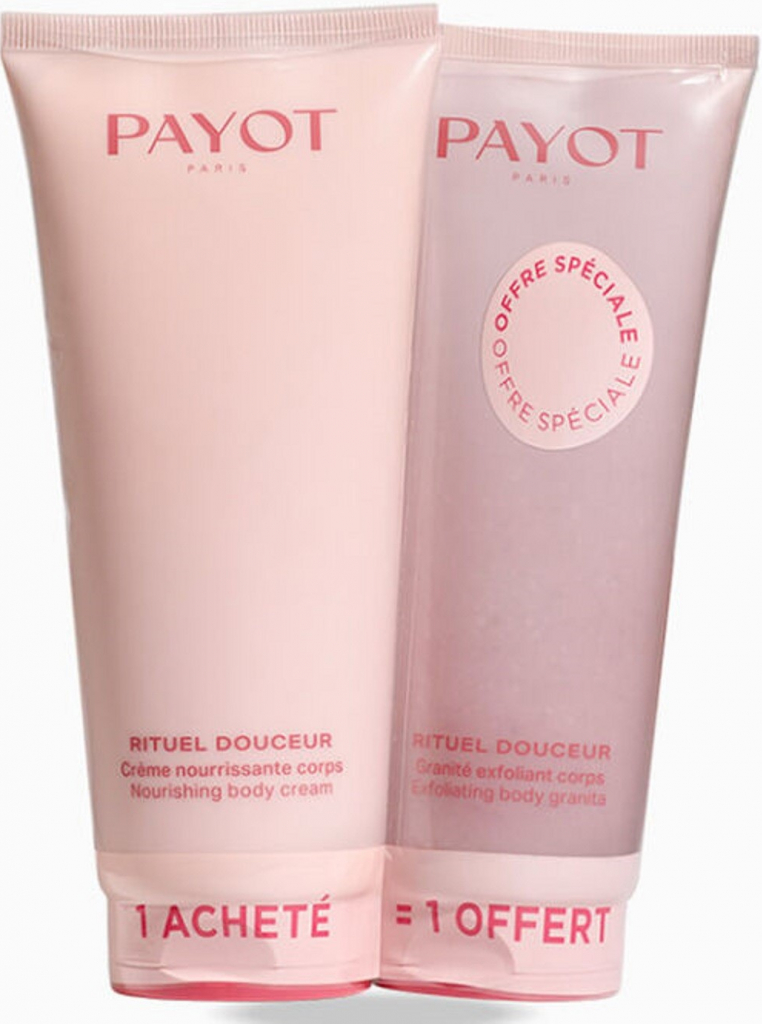 Payot Rituel Douceur Creme Nourrissante výživný a rozjasňujúci telový krém s ružovým kremeňom 200 ml + Granité Exfoliante Corps dvojitý telový peeling s ružovým kremeňom 200 ml, Promo