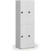 Drevená šatníková skrinka S4 s úložnými boxmi, 4 boxy, demont, kódový zámok, sivá/biela