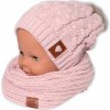 BABY NELLYS Zimná dvojvrstvová čiapka s brmbolcom + komínček Love pudrová