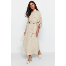 Trendyol Knitted Cotton Shirt Dress With Adjustable Detailed Sleeves With Belt Beige