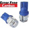 LED auto žiarovka T10 5 X SMD 5050 Canbus resistor, modrá