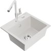 Mexen Milo, 1-komorový granitový drez 435x410x171 mm a drezová batéria Flora, biela, 6505-20-670401-02