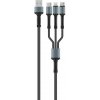 ColorWay – dátový kábel 4v1 USB na Lightning / Micro-USB / Type-C, 20 W, 4 A, nylon, 1,2 m – sivý