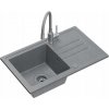 Dřez BEN 111, stříbrný kamenný granitový dřez, 70x44, s šedou baterií, flexibilní výlevkou, šedým sifonem a šedým uzávěrem