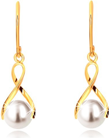 Šperky eshop náušnice zo žltého zlata lesklá zvlnená stuha guľatá perla bielej farby S1GG55.38