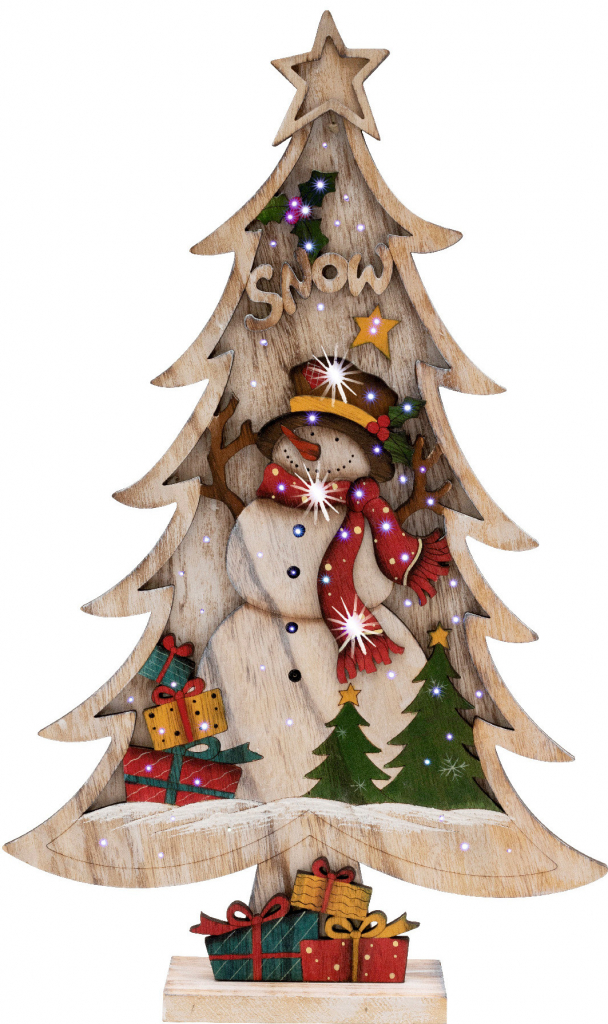 KAD 38 LED drevena dekorácia stromček-snehuliak, na baterky, teplá biela, IP20