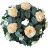Smútočný veniec kruh s umelými ružami, hortenziami a doplnkami Ø 50cm krémový, ružový, zelený