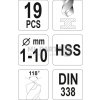 Sada vrtáků do železa HSS 19 kusů 1-10 mm YATO YT-4462