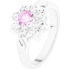 Šperky eshop - Prsteň v striebornom odtieni, ružovo-číry zirkónový kvet, lístočky V09.03 - Veľkosť: 50 mm