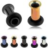 Šperky eshop - Anodizovaný titánový tunel do ucha, rôzne farby, čierna gumička S50.24 - Hrúbka piercingu: 4 mm, Farba piercing: Fialovo-medená - ACUM