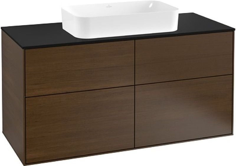 Elegantná závesná kúpeľňová skrinka Villeroy & Boch Finion s čierno-orechovým dizajnom ponúka praktické úložné priestory.