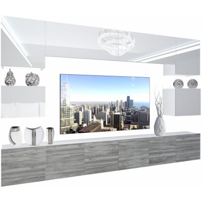 Obývacia stena Belini Premium Full Version biely lesk šedý antracit Glamour Wood LED osvetlenie Nexum 40