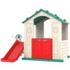 Detský záhradný domček so zelenou strechou a šmykľavkou