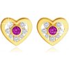 Šperky eshop - Náušnice v žltom zlate 585 - srdiečko s fuchsiovým a čírymi zirkónikmi uprostred S1GG231.38