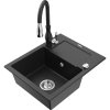 Mexen Enzo, 1-komorový granitový drez 576x465x174 mm a drezová batéria Savita, čierna-strieborná metalíza, 6506-73-672601-70