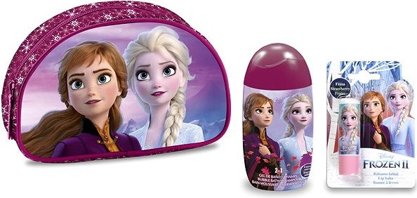 Disney Frozen 2 balzam na pery s jahodovou príchuťou 4 g + šampón a sprchový gél pre deti 120 ml + kozmetická taška 1 ks darčeková sada