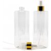 Plastová fľaša, priehľadná, biely rozprašovač, zlatá lesklá obruč, 500 ml