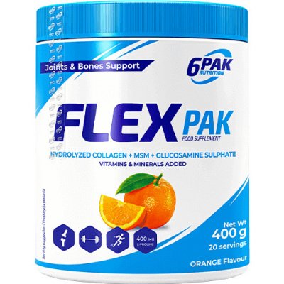 6PAK Flex Pak, Hydrolyzovaný kolagén + MSM + glukosamín sulfát, s príchuťou pomaranča 400 g