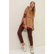 Trend Alaçatı Stili Women's Camel Tiered Hooded Sweatshirt And Sweatpants Double Suit