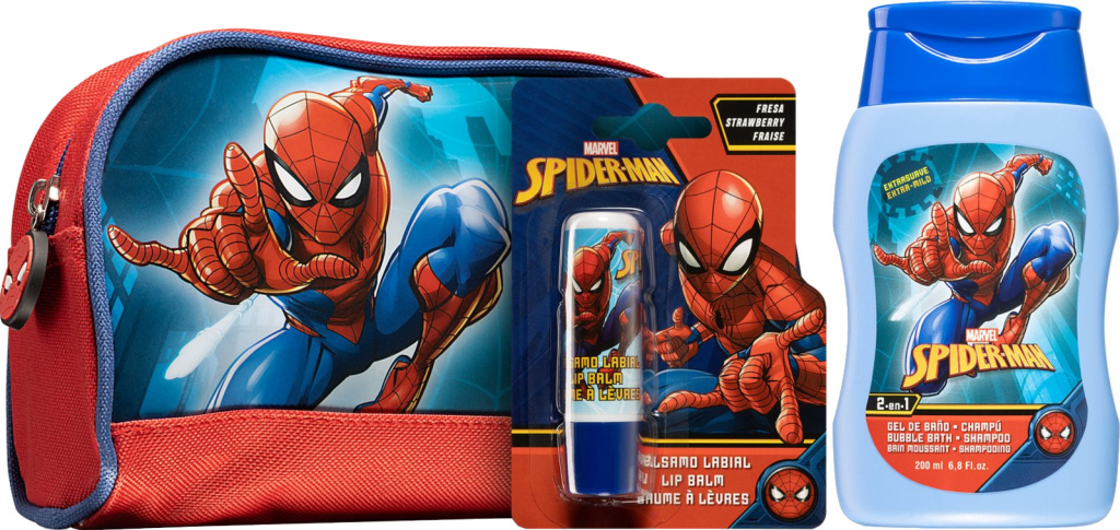 Marvel Spiderman sprchový a kúpeľový gél pre deti 200 ml + balzam na pery + kozmetická taštička darčeková sada