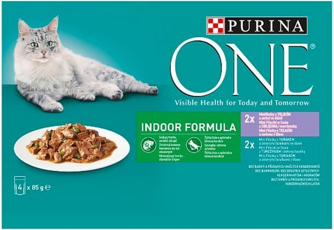 PURINA ONE Indoor mini filetky s tuniakom a zelenými fazuľkami s teľacím a mrkvou v šťave 4 x 85 g