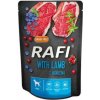 Rafi paštéta pre psov s jahňacím mäsom, červenými a modrými čučoriedkami, v kapsičke 300g