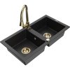 Mexen Mario, 2-komorový granitový drez 820x436x161 mm a drezová batéria Elia, čierna-strieborná metalíza, 6504-73-670101-50