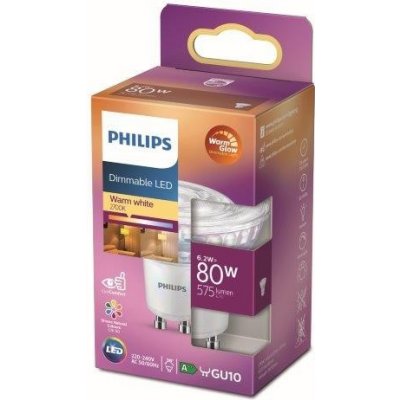 Philips 8718699774097 LED žiarovka 1x6,2W | GU10 | 575lm | 2200-2700K - Warm Glow, bodová, stmievateľná, Eyecomfort